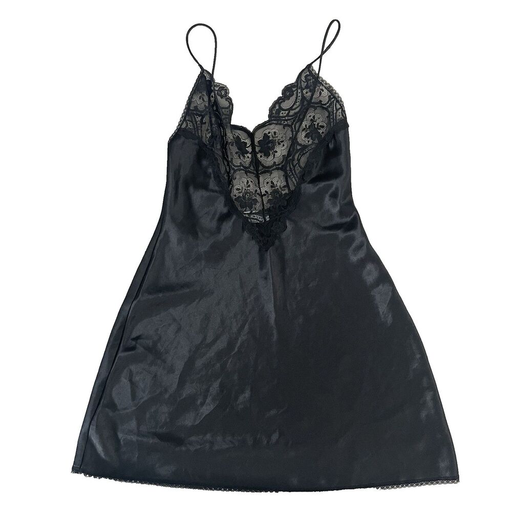 Vtg Val Mode Black Satin Lace Chemise Slip Lingerie Dress Petite P Made in USA
